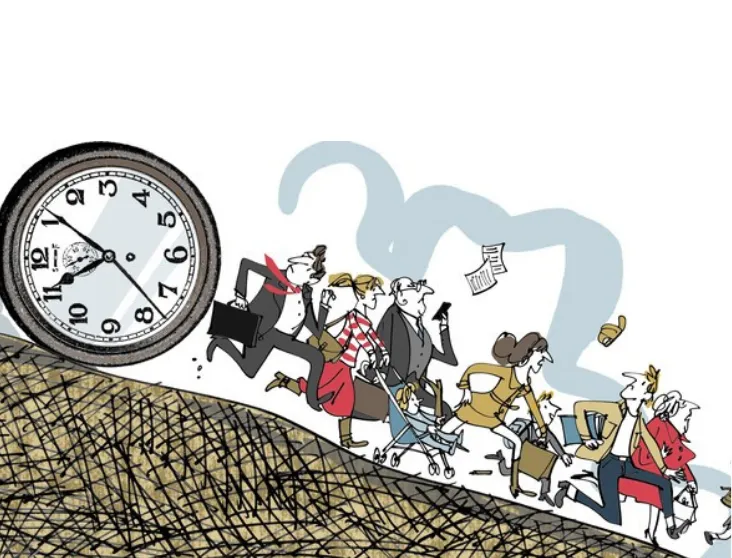 A crowd rushing beneath an oversized clock