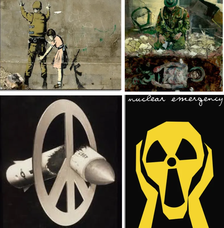 Four-panel antiwar collage with a soldier, child, bomb, peace symbol, and nuclear warning