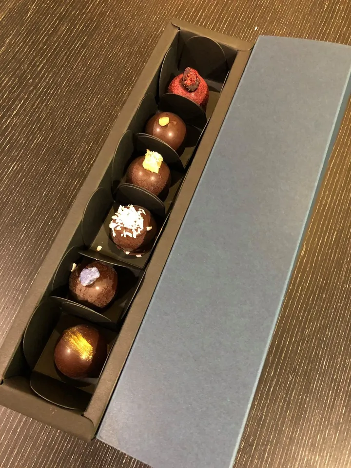 Winter holiday box of plum, raisin, orange marmalade, and almond apricot chocolates